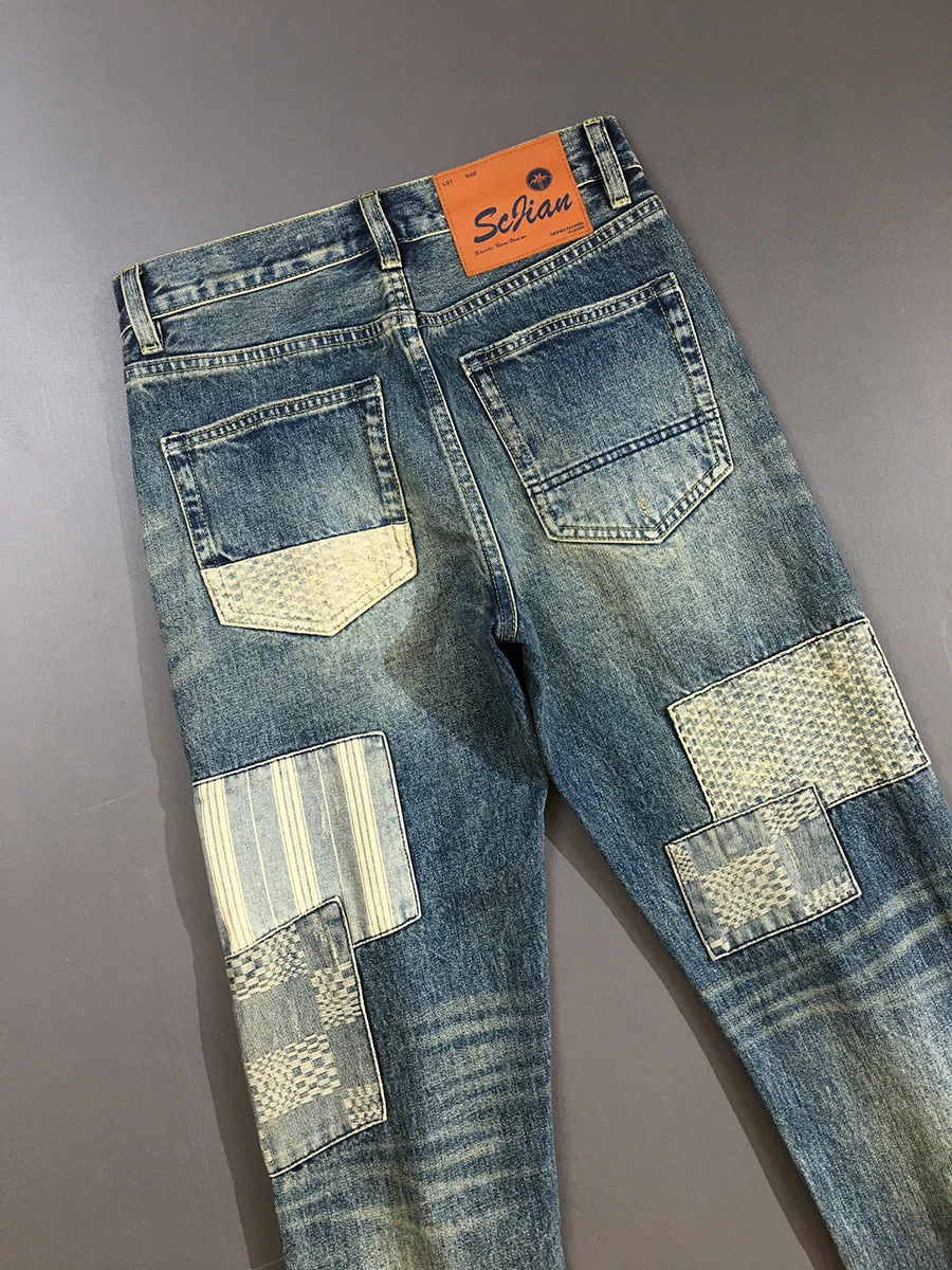 Premium Patchwork Men's Heavyweight Denim Jeans - Vintage American High Street Tailored Straight Leg & Cotton-Rich Comfort Pants