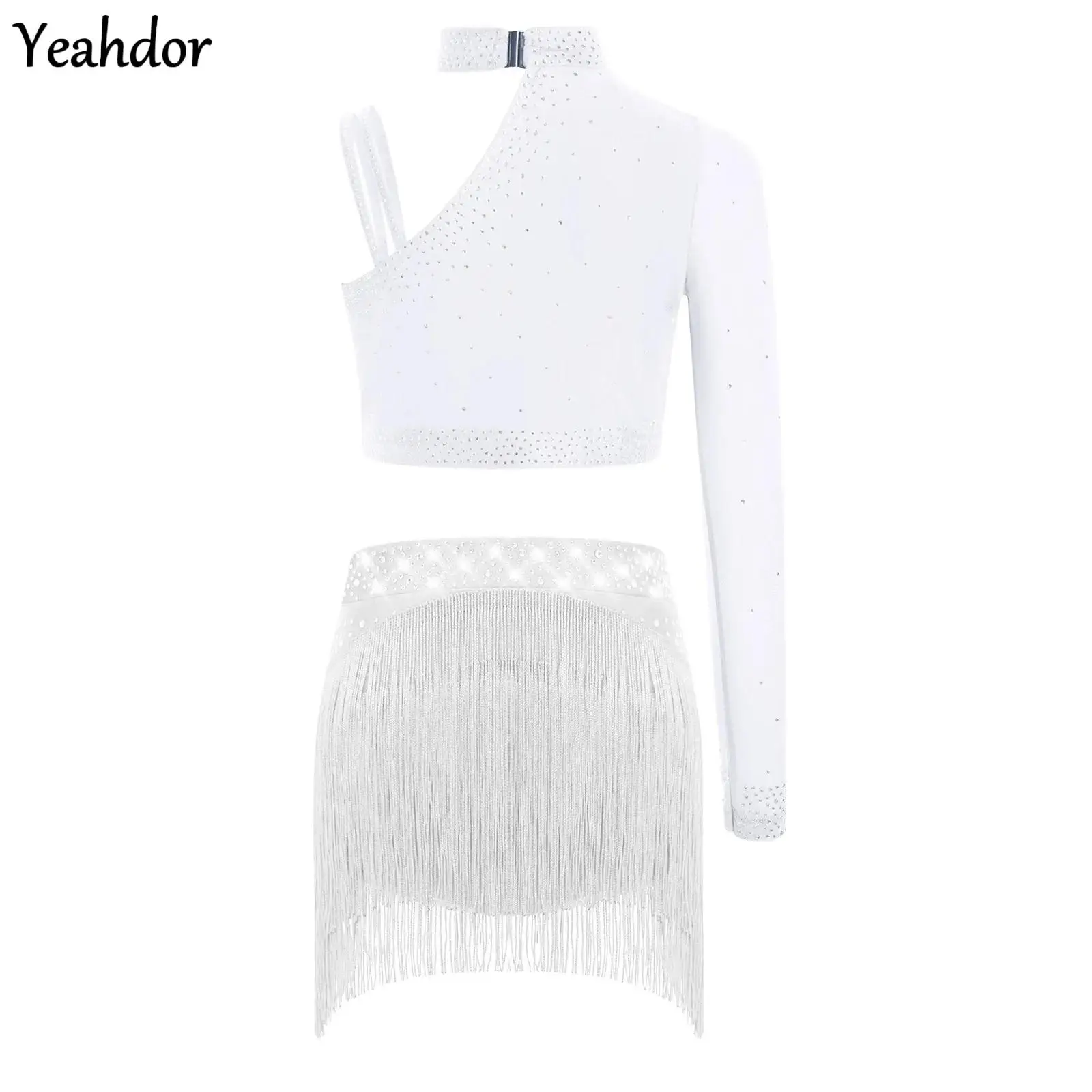 

Girls Lyrical Contemporary Dance Outfits One Shoulder Rhinestones Crop Top And Fringe Bottoms Skirt Set Ballet Skating Costume
