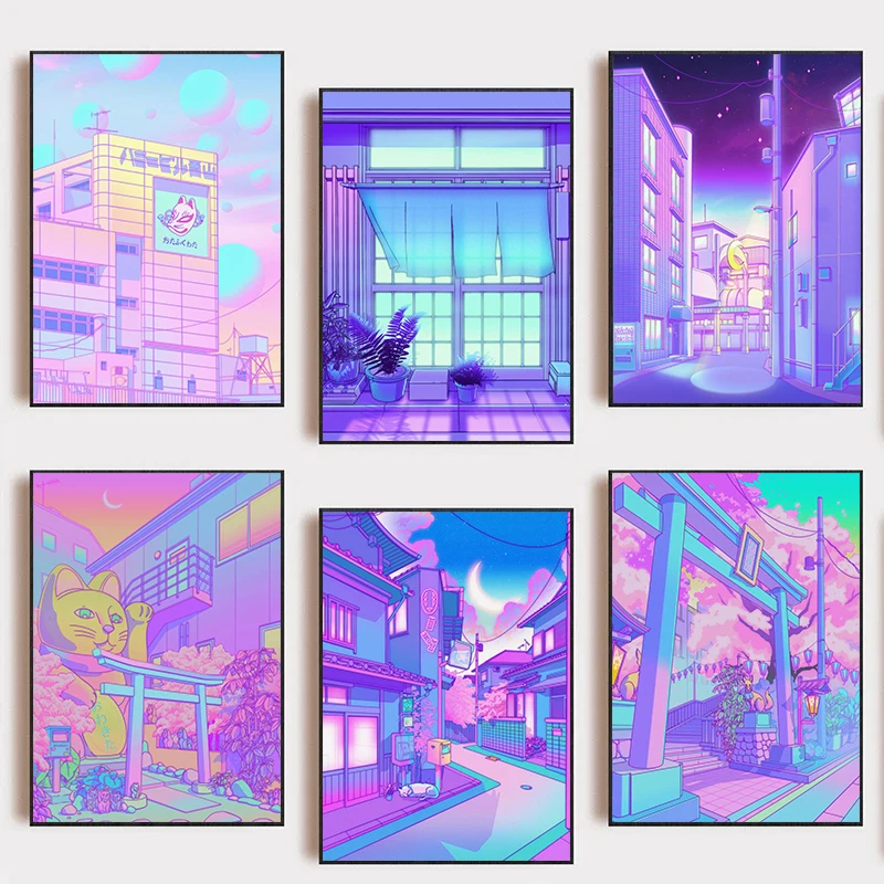 الخيال الخيال الأرجواني الوردي انمي ياباني نمط المشارك مدينة مشهد حائط لوح رسم الفن لغرفة ديكور المنزل الجمالية #2