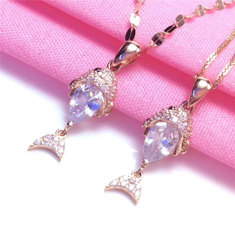 585 Purple Gold Plated 14K Rose Gold Fashion New Shiny Crystal Goldfish Pendant Ladies Necklace Elegant Charm Wedding Jewelry