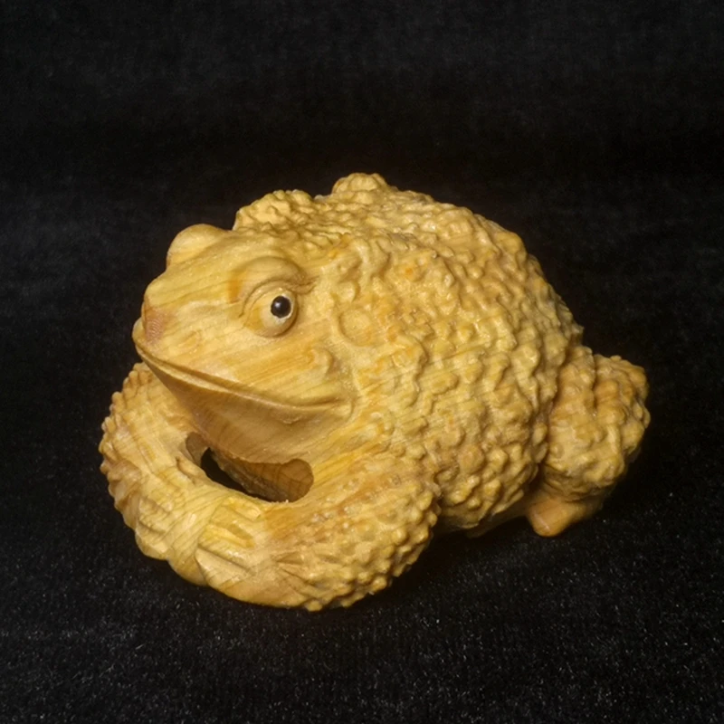 L 6.3 CM Chinese Boxwood Hand carved Jin Chan Frog Statue Netsuke Decoration