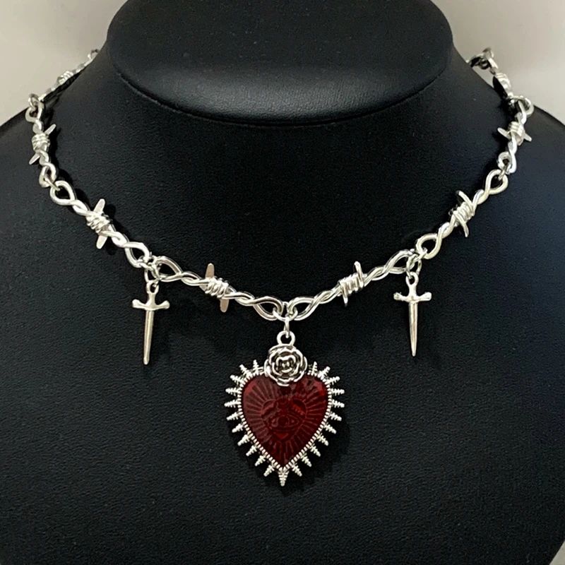 Goth Gothic Peach Heart Flower Sword Eye Cross Pendant Choker Chain Necklace For Man Women New Fashion Jewelry Vintage Punk