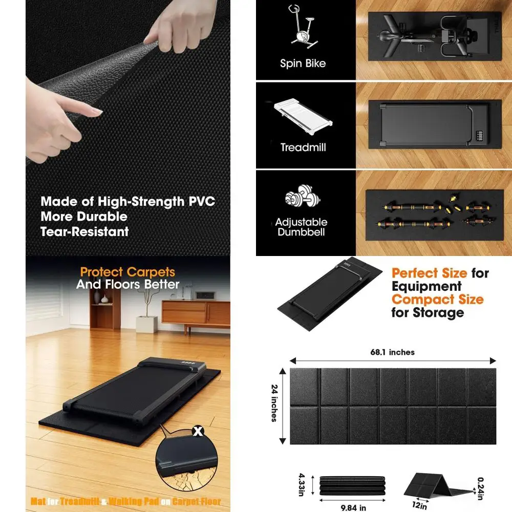 

Противоскользящий коврик для беговой дорожки 68x24 дюймов для ковровых покрытий и твердых полов, толщина 1/4 дюйма, шумопоглощающий и амортизирующий