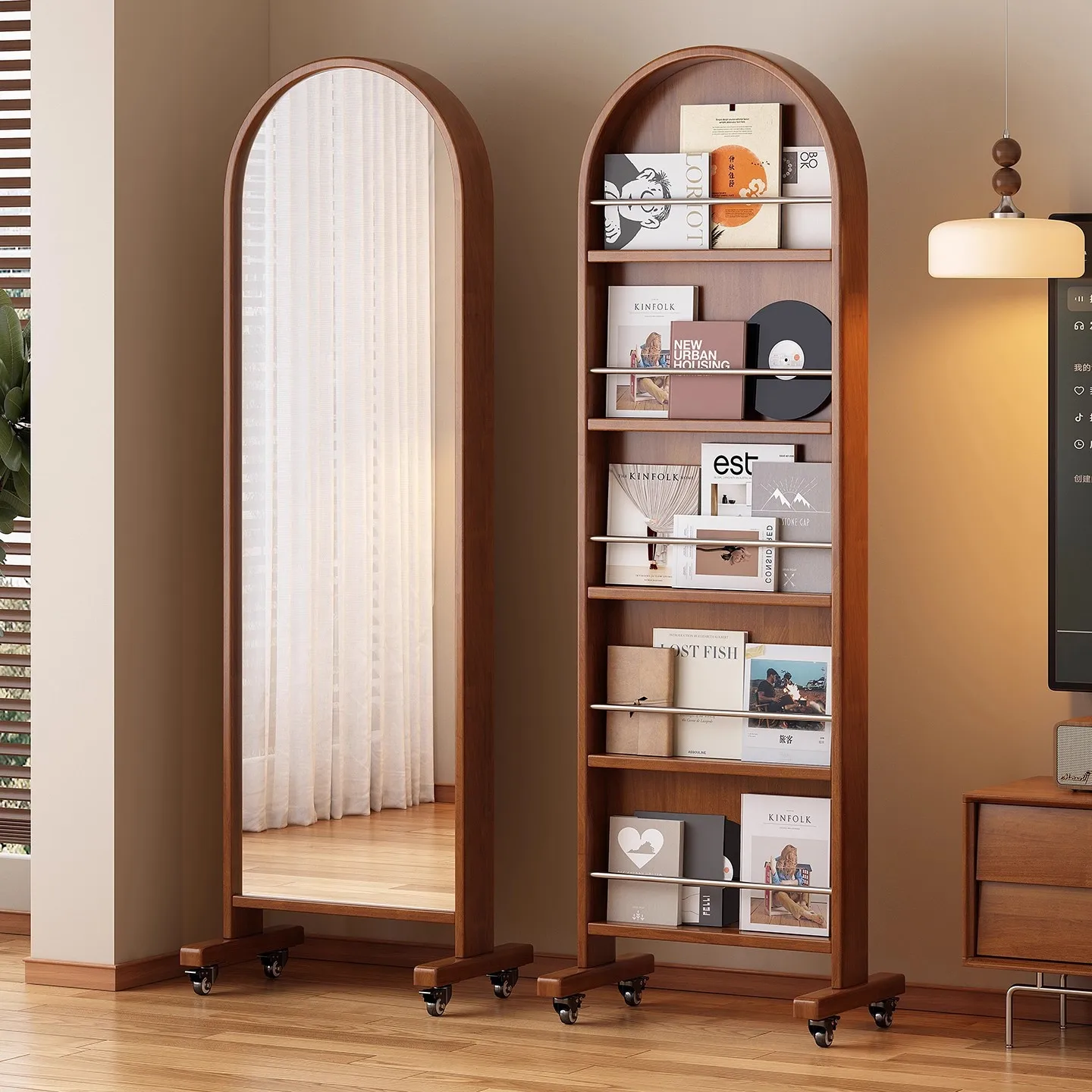 

Dressing mirror, full-body floor mirror, movable solid wood, vintage style living room, magazine bookshelf, storage integrated b