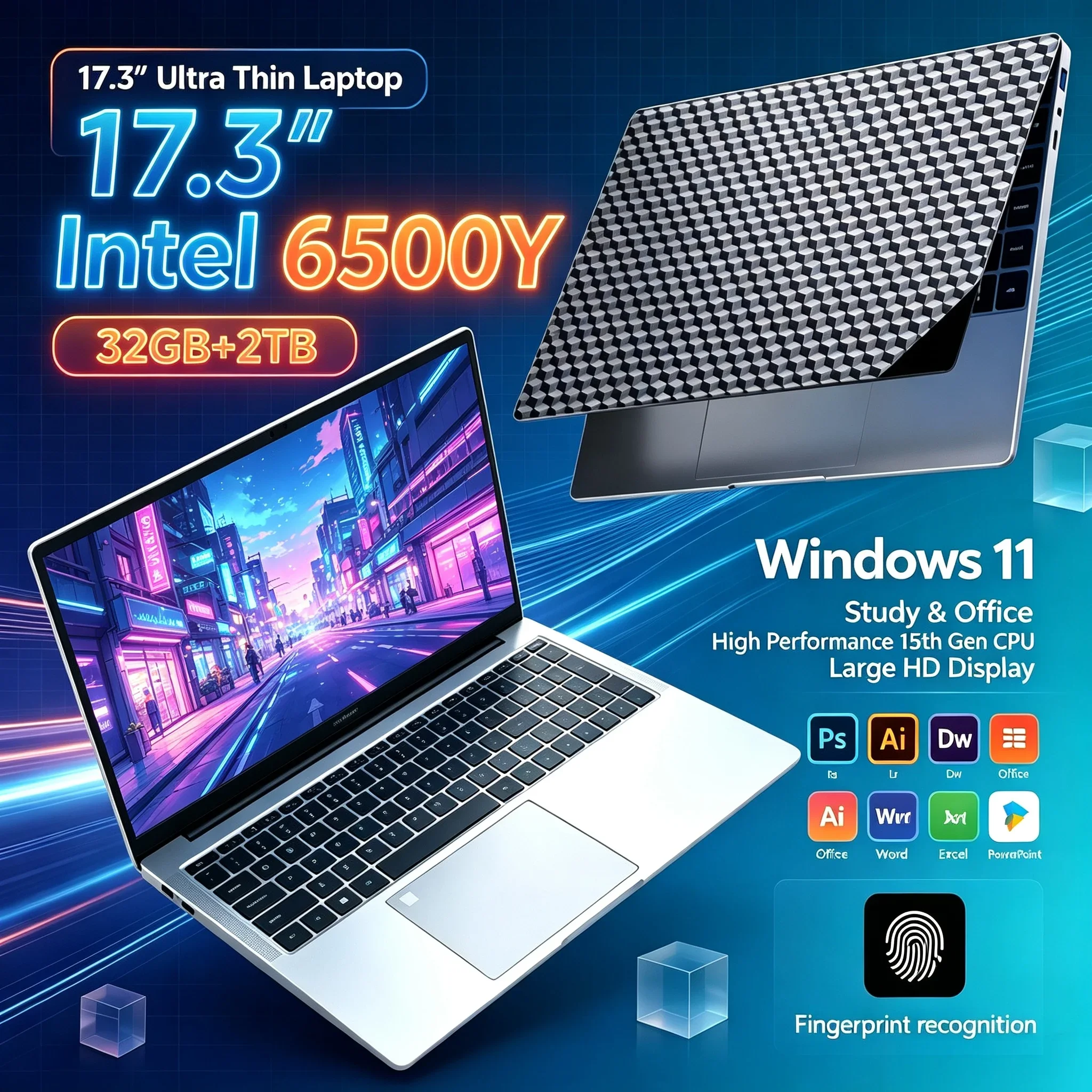 New 17.3'' Large HD Display Notebook PC Intel 6500Y 32GB RAM 1TB 2TB SSD Win11 WiFi6 BT5.2 Portable Computer For Office Study