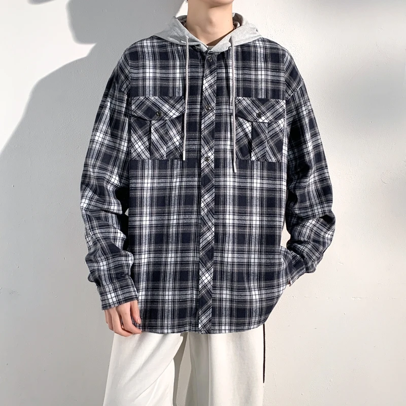 

Ретро-кардиган в американском стиле, свободный, в клетку, с длинными рукавами, молодежный, модный, повседневный, с капюшоном, для мужчин, весенний сезон, полиэстер...