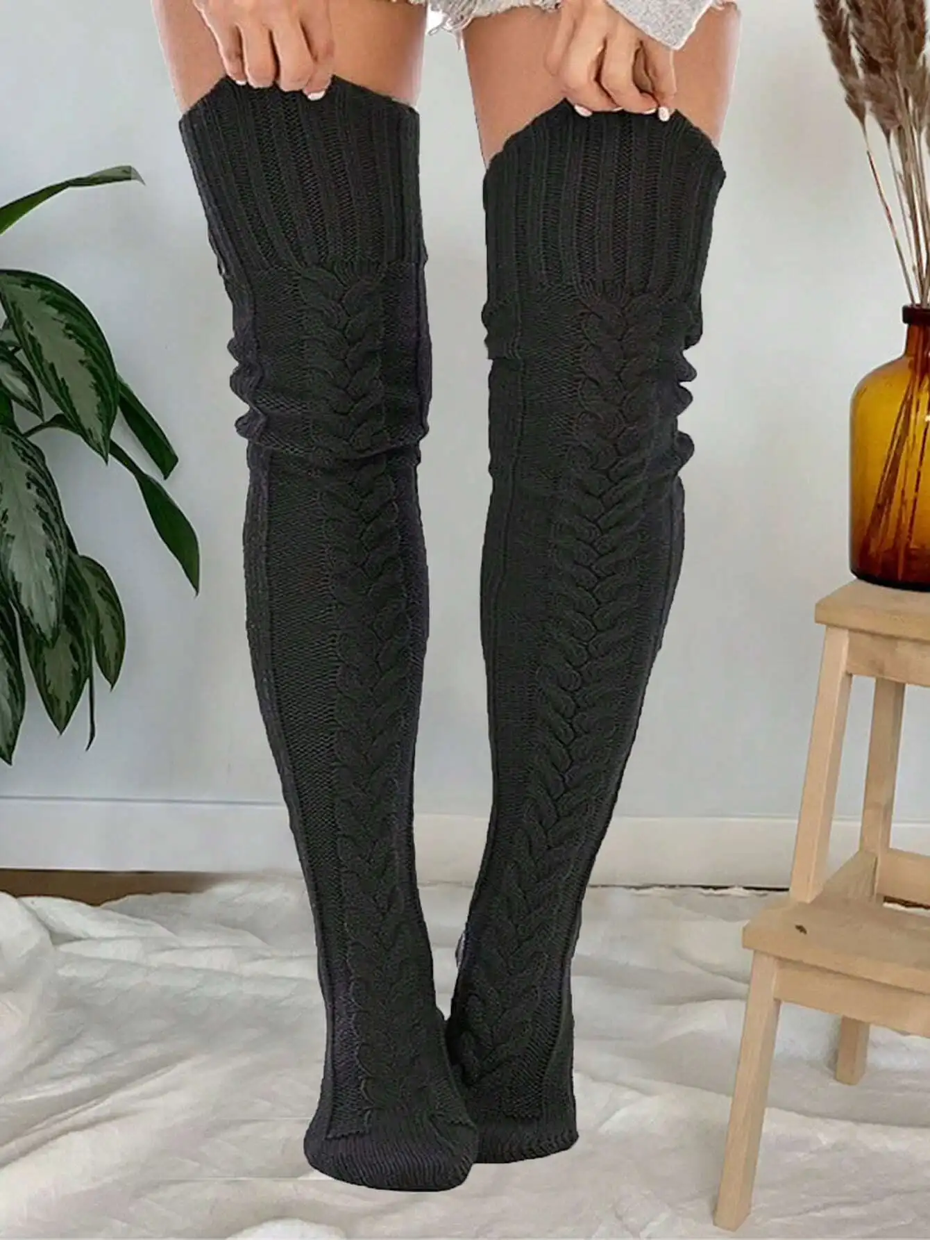 

Black Knitted Over-The-Knee Socks for Women, Cozy Winter Thigh Highs with Cable Pattern, Perfect for Casual & Festive Outfits