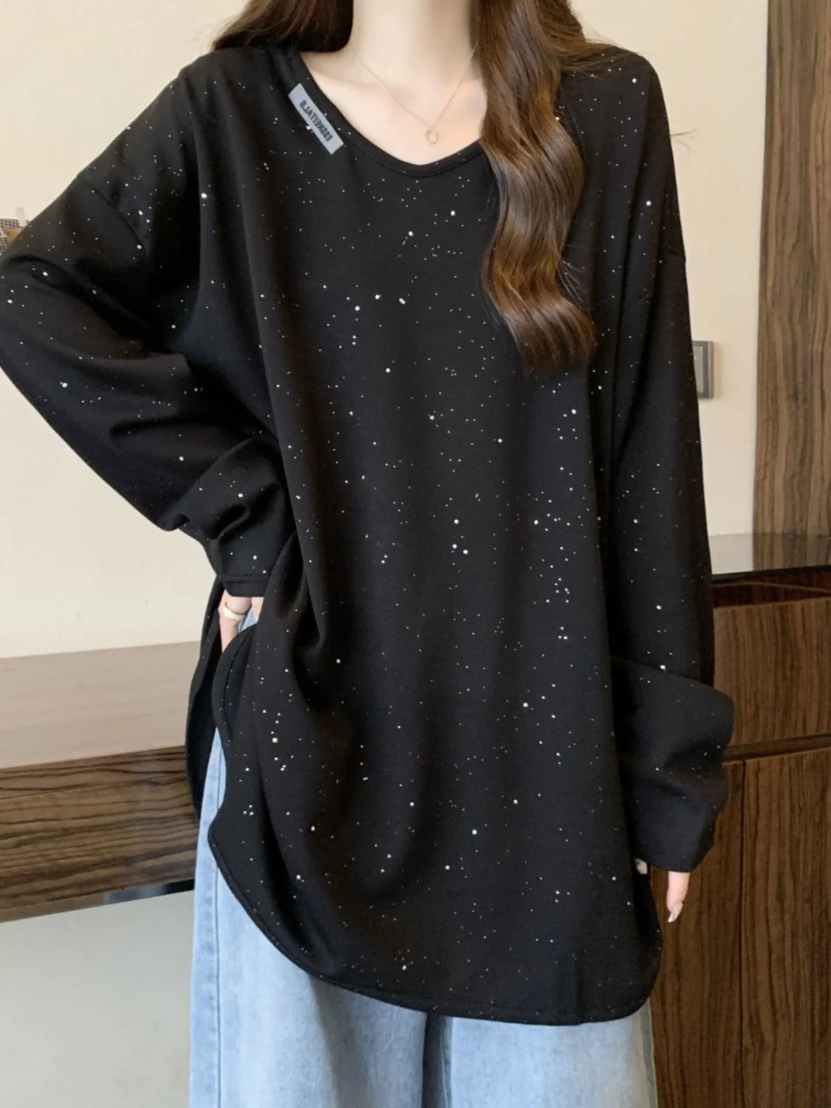 iny Sequin Long Sve T-shirt dames losse pasvorm basislaag irt V-Ne halflange polyester stof herfst winter plus maat