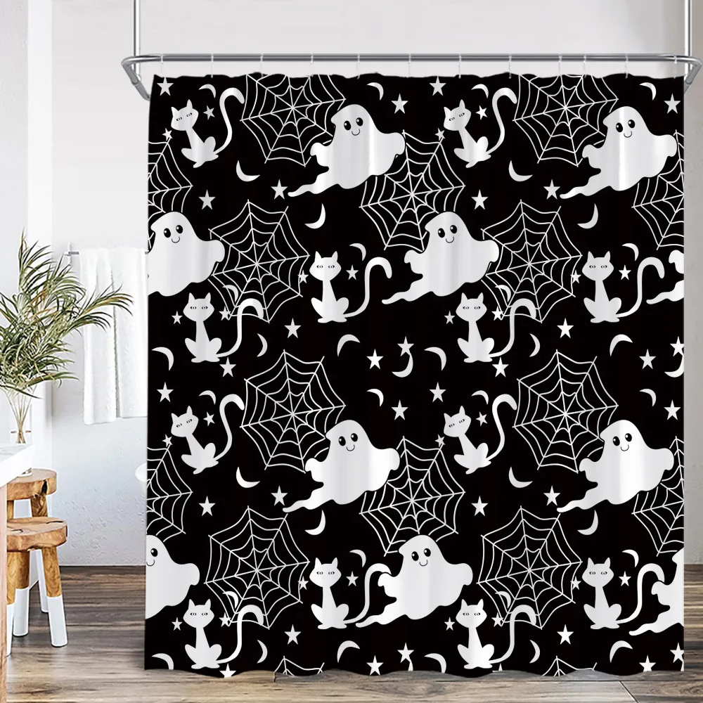 Cartoon Ghost Spooky Halloween Shower Curtain Apparition Pumpkin Happy Halloween Bathroom Decor Kid Child Polyester Bath Curtain