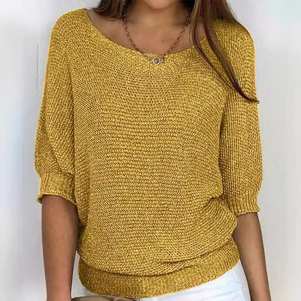 

Spring New Arrival Women's round Neck Knitted Sweater Commute Elegant Seven Sleeve Cotton Air Conditioning Shirt Pure Color