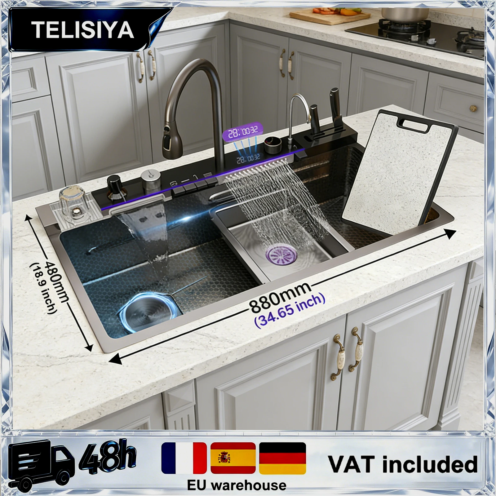 

Multifunctional Digital Display Kitchen Sink Scratch Wear Resistant Large Single Slot Household Stainless Steel Wash Dish Basin