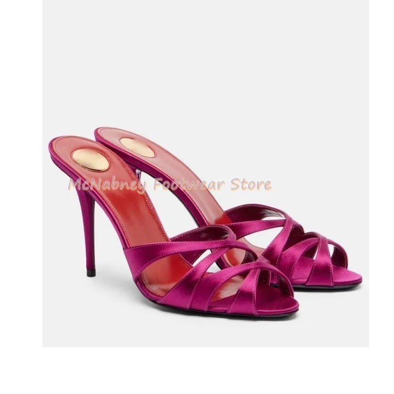 Pointed Stilettos Satin Fabric Cross-Band Roman Style Women's Shoes Claret Handmade Luxury Women's Slippers  Summer Sandals view 3