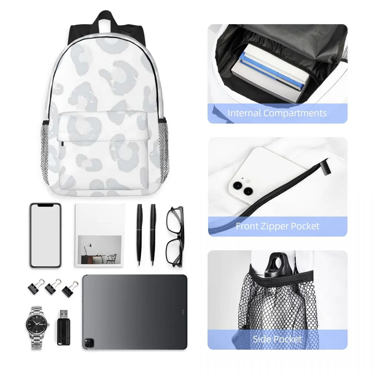 Leopard Print - Silver Gray And White Backpack Hot Sale Daypack Large Capacity BookBag Shoulder Bags for Men Women School Bag
