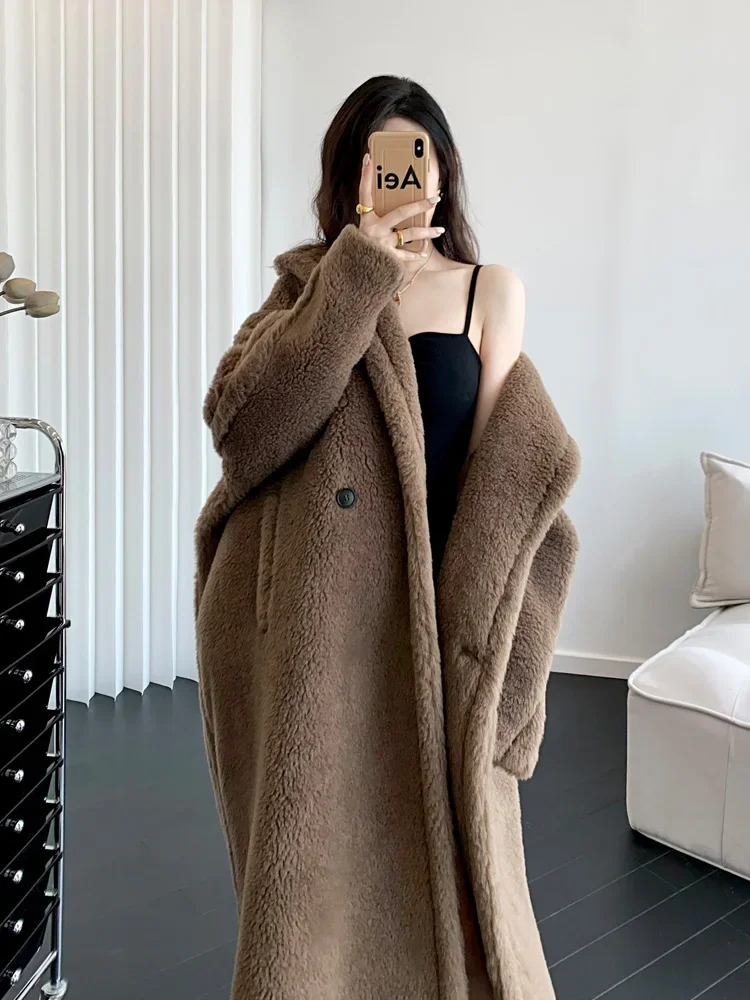 Women Teddy Alpaca Mid-length Fur Coat Silhouette Luxury Loose Turn-down Collar Thick Wool Jacket Fashion Coat Plus Size Winter