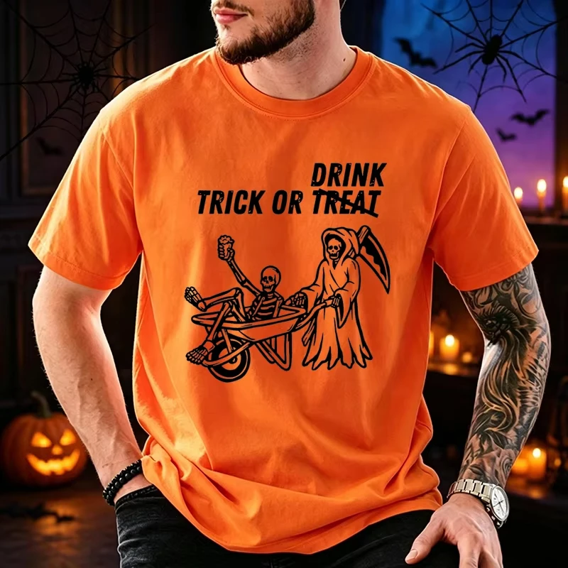 Funny Adult Trick or Treat Graphic Men's T-Shirts Halloween Trick or Drink T Shirt Shirt Short Sleeve Tops Spooky Season Tops