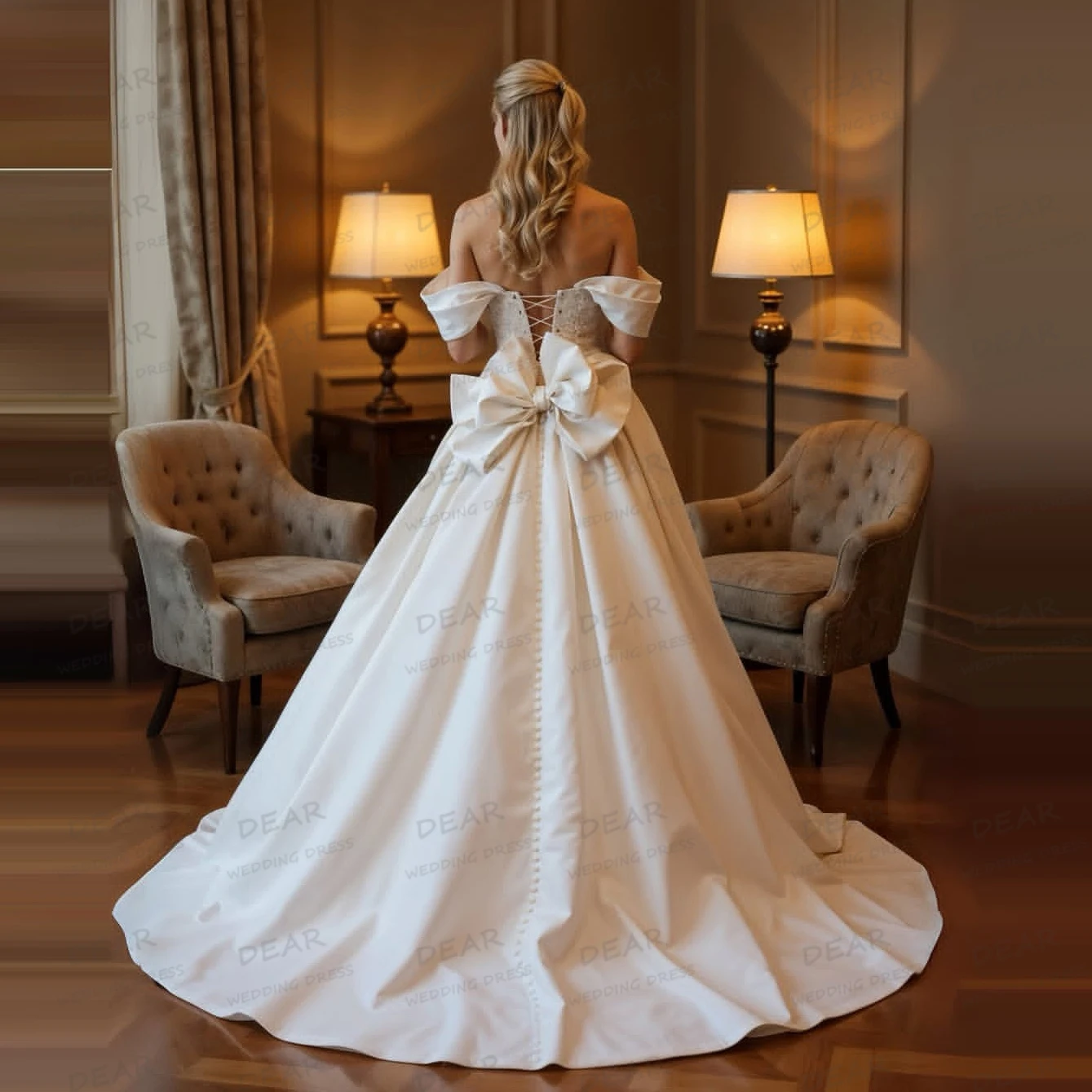 Vestidos de novia sencillos de corte A para mujer, Vestidos de novia de satén de encaje sin mangas con hombros descubiertos, Vestidos personalizados