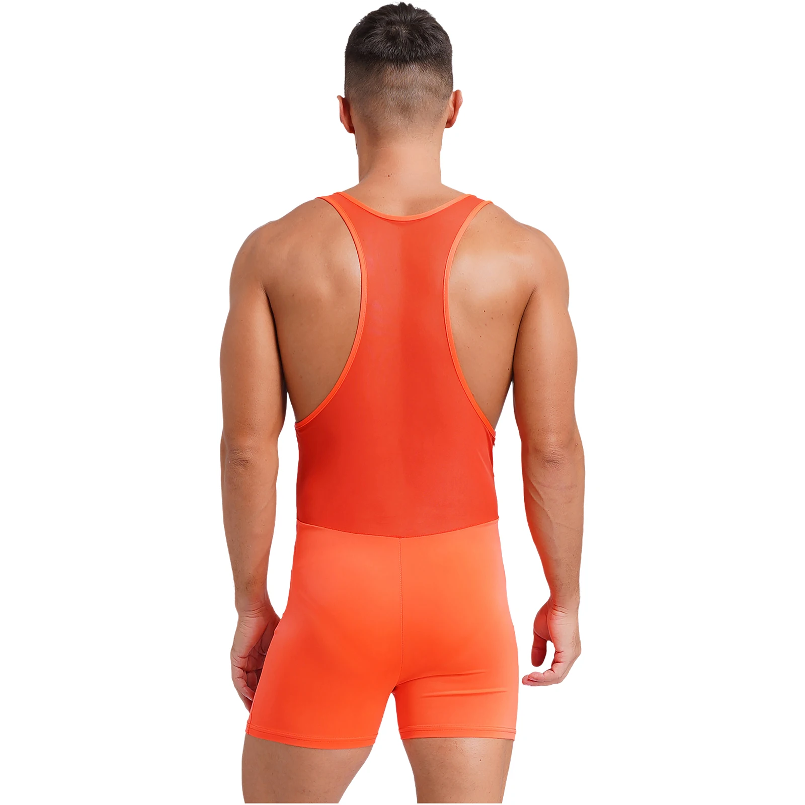 Mens One Piece Athletic Wrestling Bodysuit Leotard Swimwear Mesh Back Tank Rompers One Piece Jumpsuit Bodybuilding Gym Fitness