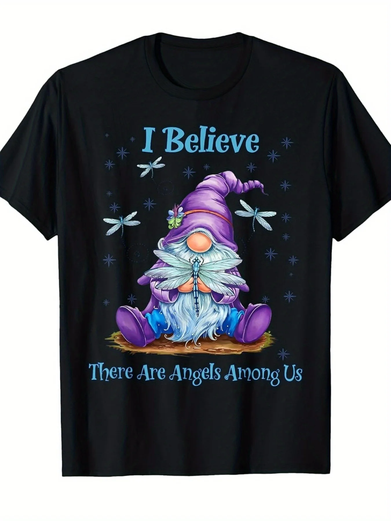Women's Plus Size Graphic T-Shirt Gnome I Believe There Are Angels Among Us Dragonfly T Shirt TShirts Items Breathable Crew Neck Regular Fit Machine Washable Suitable for Summer Outings Festival Wear Casual Wear