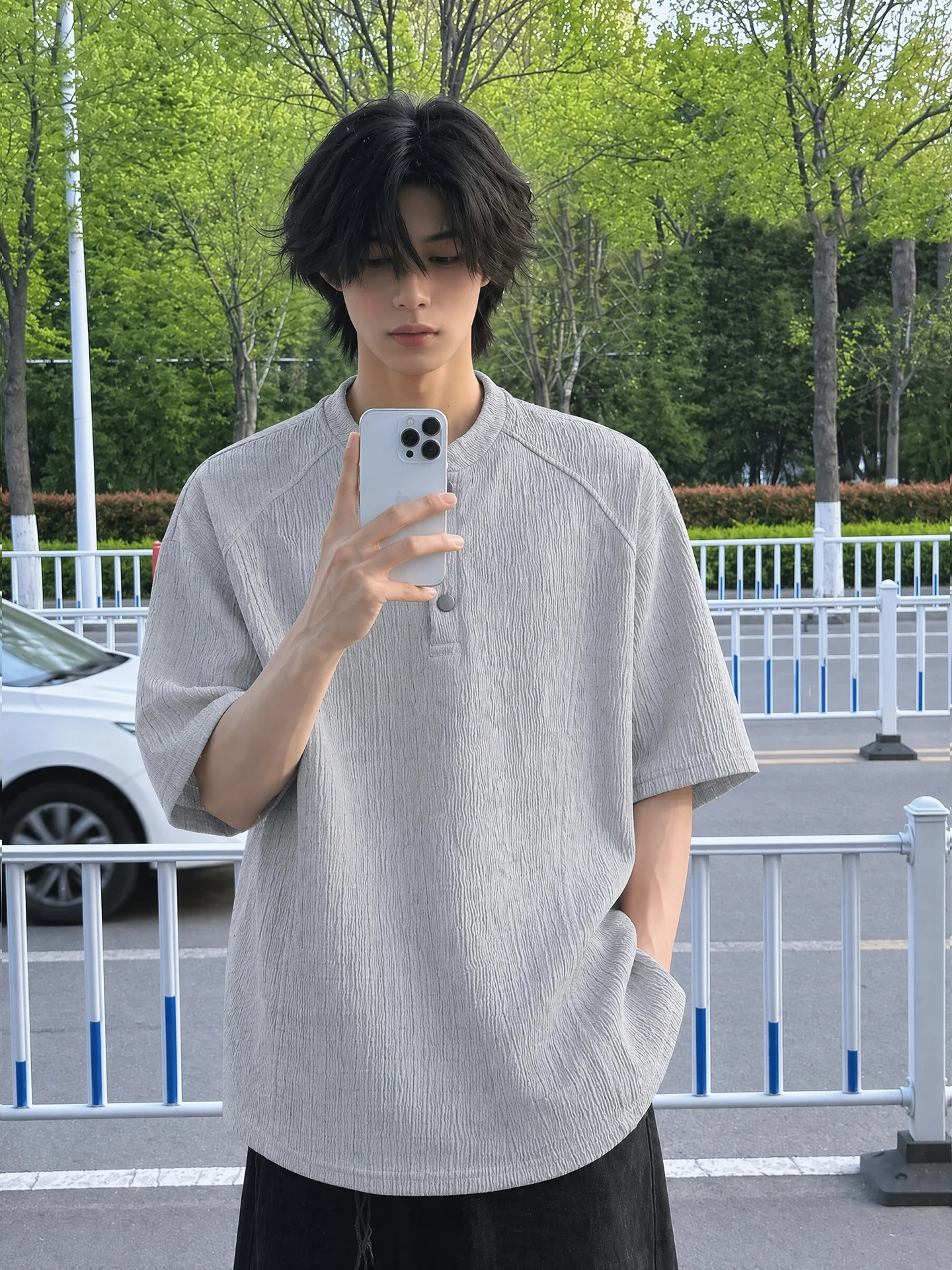 White Ice Silk Short Sleeve  Shirt Men's Summer Thin Deconstructed Cool Feeling T-Shirt American Style Standard Fit Cleanfit