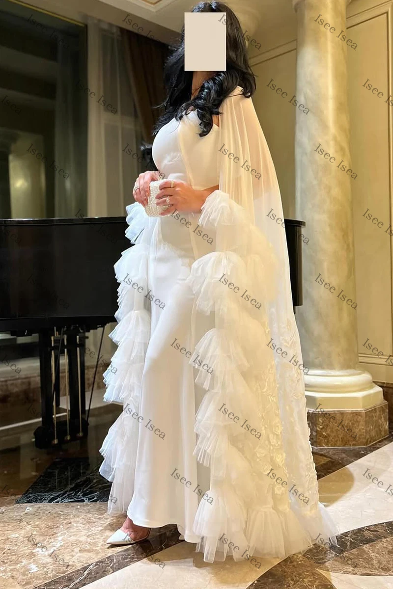 Vestidos de Noche blancos, apliques de cuentas de satén, volantes, ocasiones formales, mangas tipo capa, vestido de fiesta, vestidos de fiesta de noche personalizados