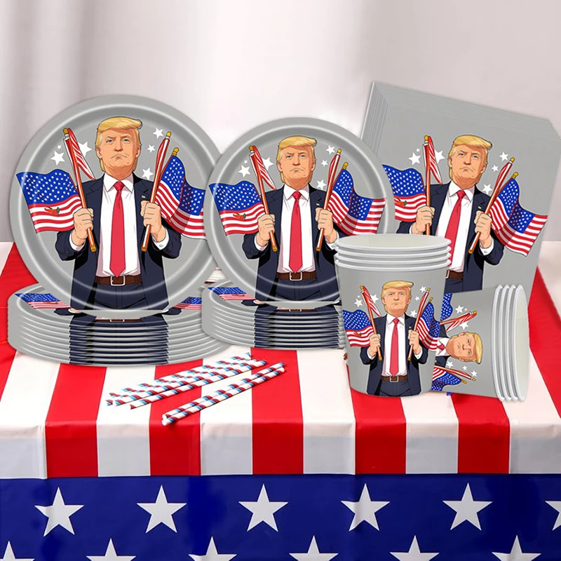 24pcs Trump - Birthday Party Paper Plate 7/9inches Cups Napkin with American flag and Trump Disposable tableware relief artwork