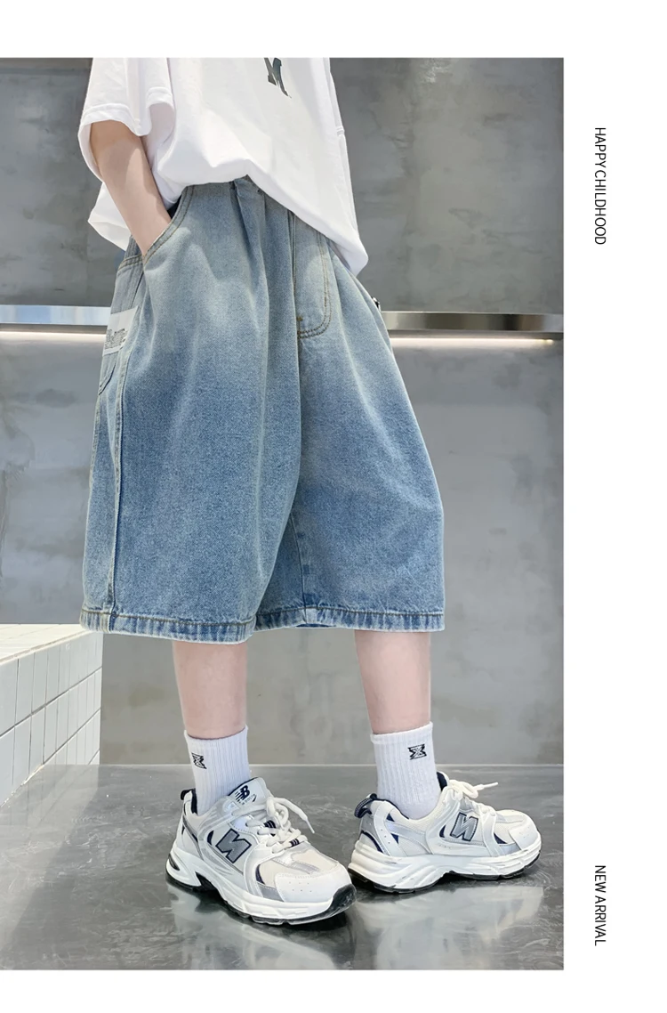 Neue Sommer-Jeansshorts für Kinder, Lässige, Lose Passform, Blauer Farbverlauf, für Teenager-Jungen, Baggy Denim-Shorts, Kinder-Streetwear, Knielange Hosen – Detail 8