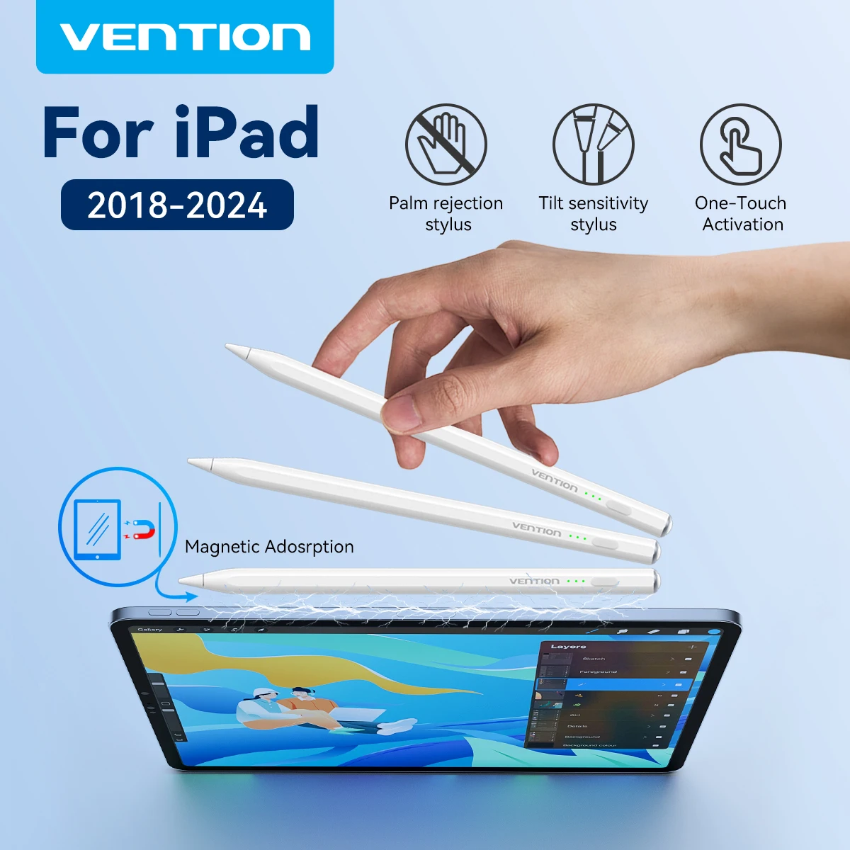 

Стилус Vention для Apple Pencil для iPad 2018-2024 Pro Air Mini 12,2, магнитный стилус с отклонением ладони, светодиодный стилус Touch Pen