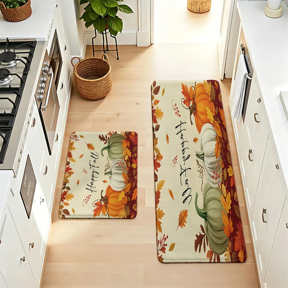 2pcs Autumn Harvest Festival Pumpkin Leaf Print Anti Slip Kitchen Floor Mat Leaf Dot Plastic Foot Mat Kitchen Decoration Carpet