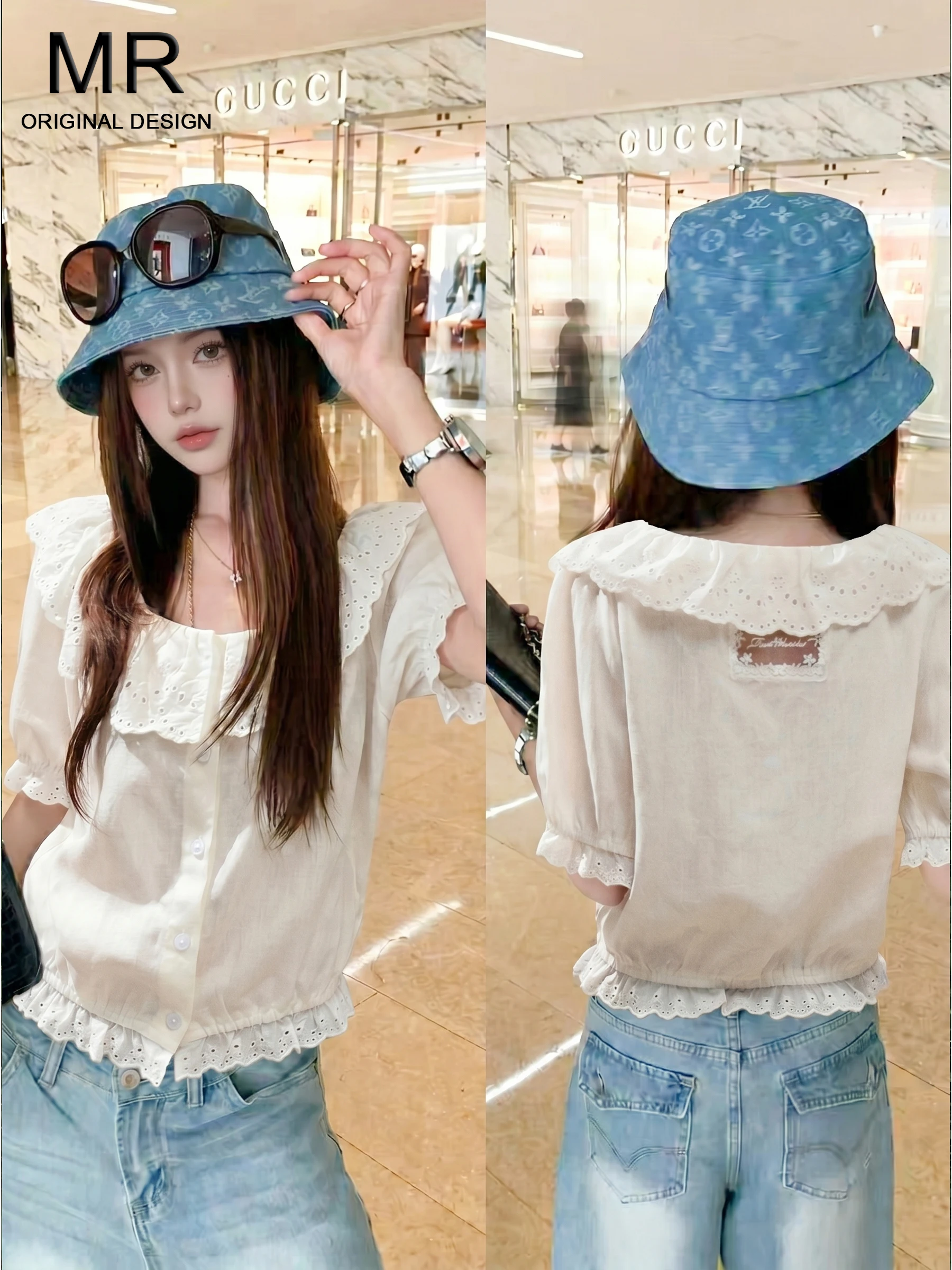 

White Lace Trim Short Sleeve Shirt Women's 2026 New Summer Anti-Aging Slimming Doll Collar Casual Style Loose Fit Button Detail