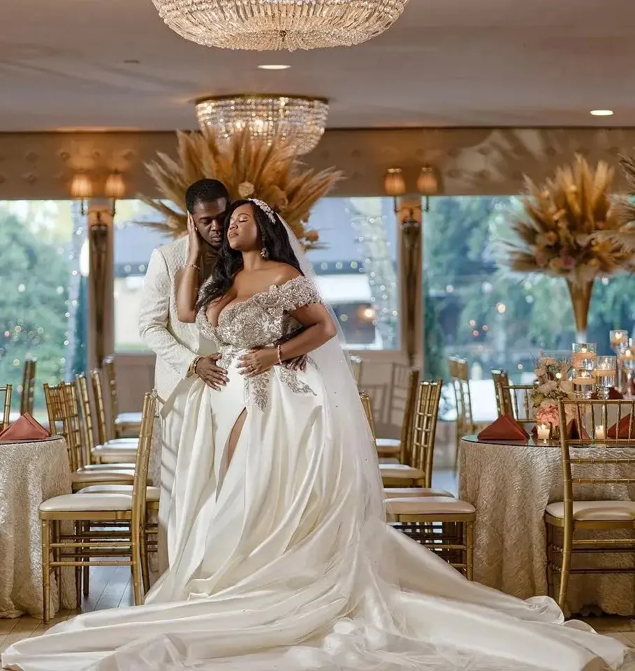 Vestidos de novia de sirena de talla grande personalizados, vestidos de fiesta nupcial con abertura frontal de encaje y hombros descubiertos, vestido de novia