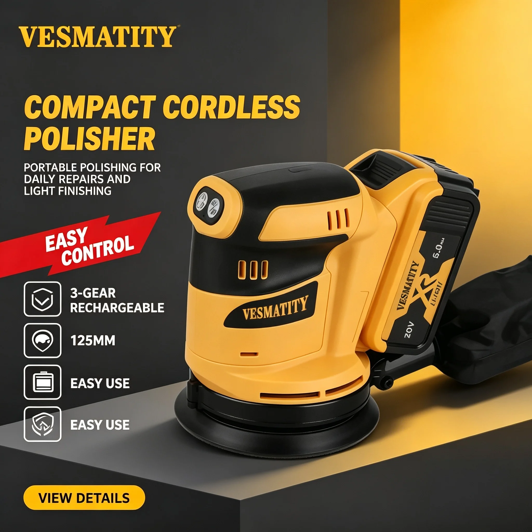 VESMATITY Cordless Random Orbital Sander 20V/18V Lithium Ion Bare Tool for Woodworking Sanding Polishing and Furniture Finishing