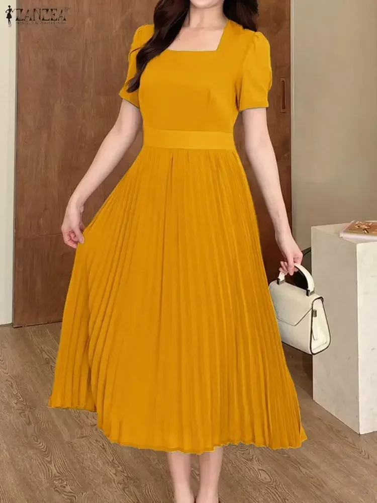 Elegancka damska sukienka midi z plisami na lato, kwadratowy dekolt, długa koszula, sukienka na imprezę, modne sukienki, krótki rękaw, codzienna, jednolita sukienka.