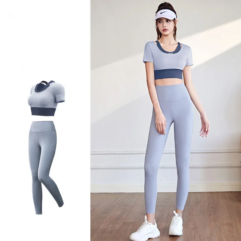 Autumn Elastic Fitness Sports 2 Piece Set Seamless Yoga Suit Women Short Sleeve Crop Top Gym Running Leggings Workout Sportswear