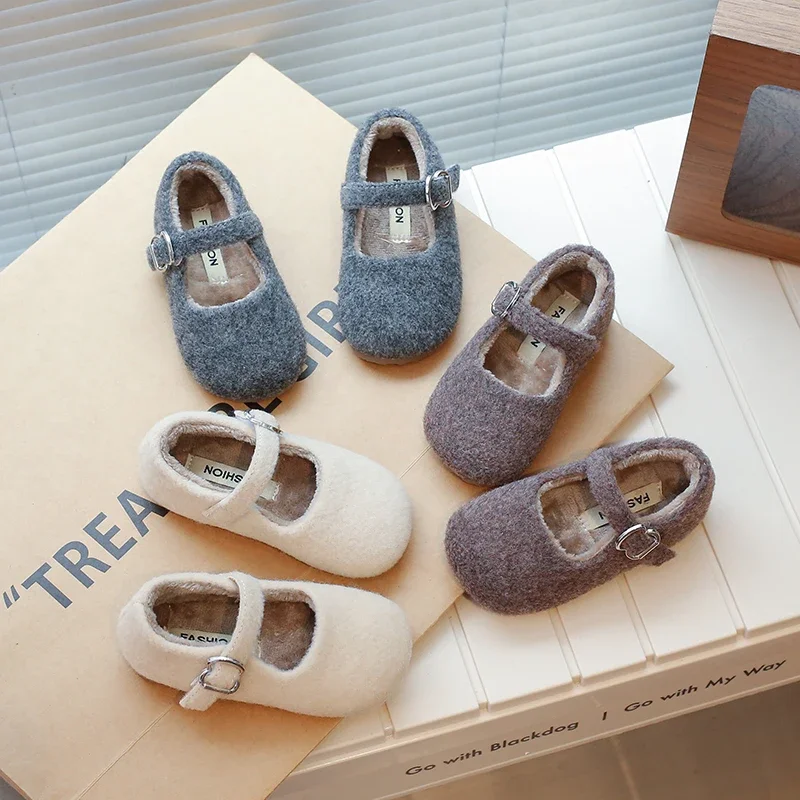 Soft Fleece Felt Round Toe Ballet Flats Kid Girl Winter Warm Wool Mary Jane Shoes Baby Child Brand Design Elegant Plush Loafers