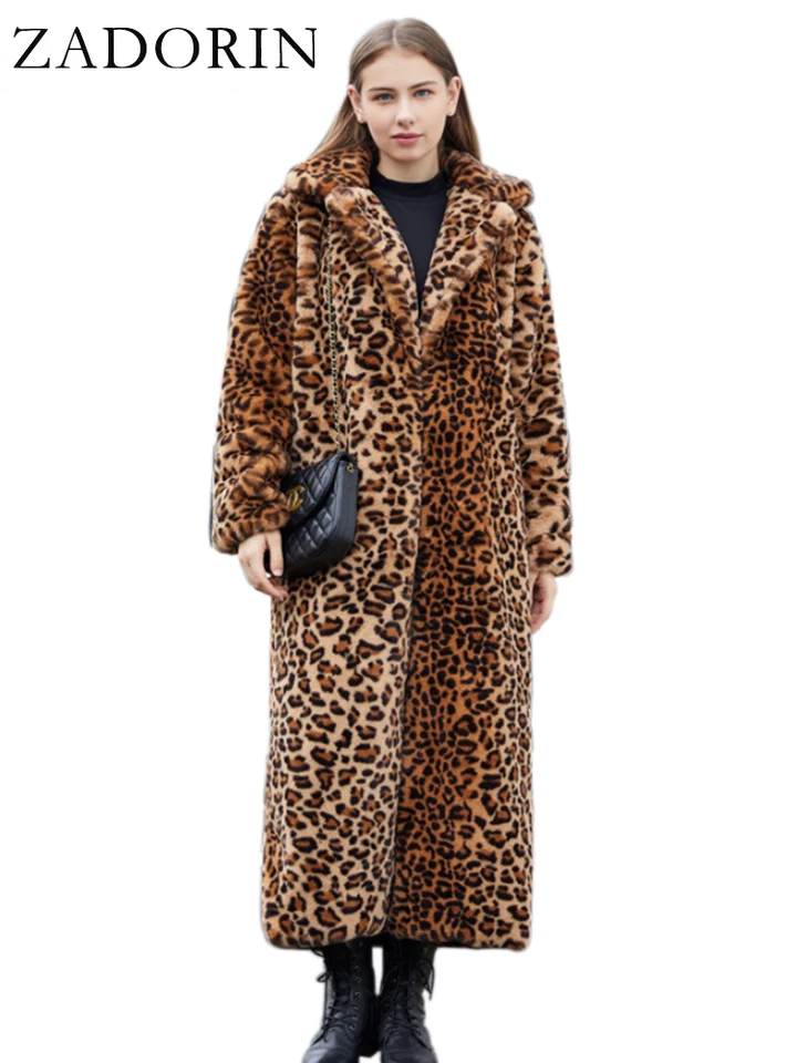 ZADORIN High Street Leopard Print Long Faux Fur Coat Fluffy Jacket