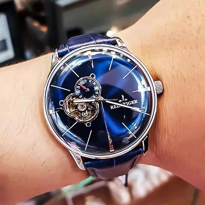 Reef Tiger Men Automatic Watch 40mm Mechanical Wristwatch 50M Waterproof Luminous Bubble Sapphire Mirror 24 Hours Miyota Mov
