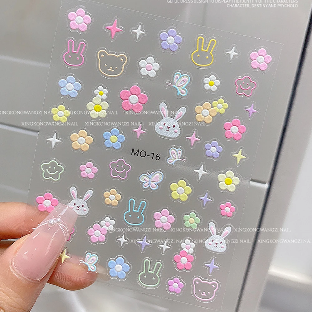 

5D Embossed Summer Flowers Nail Art Sticker Colorful Flowers/Rabbit/Line Nail Decals Self-adhesive Flowers Manicure Sliders ^YK2