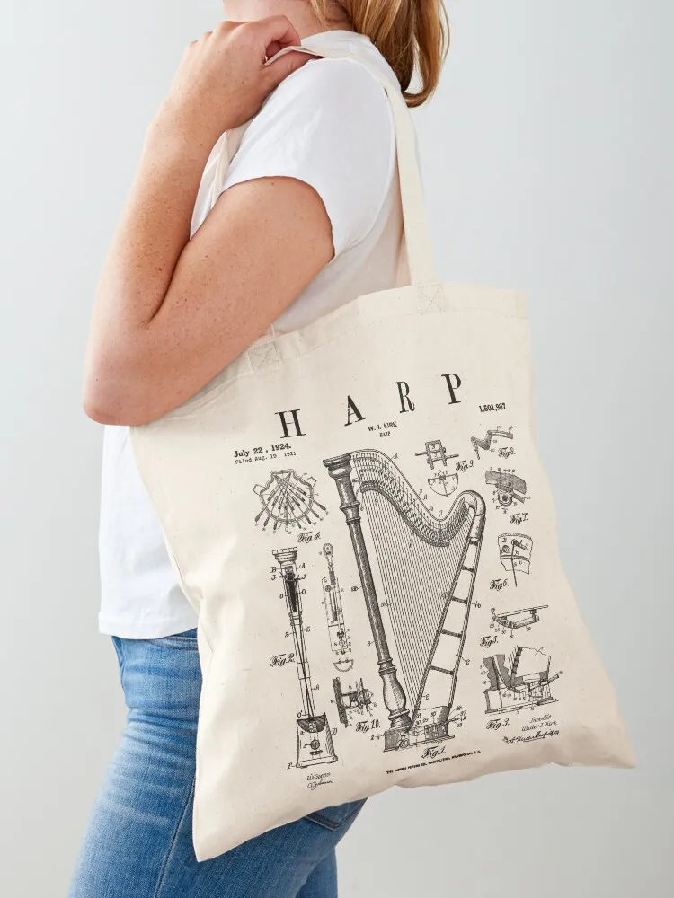 

Harp Vintage Patent Harpist Drawing Print Tote Bag hand bag Big bag women Women's shopping shopping logo