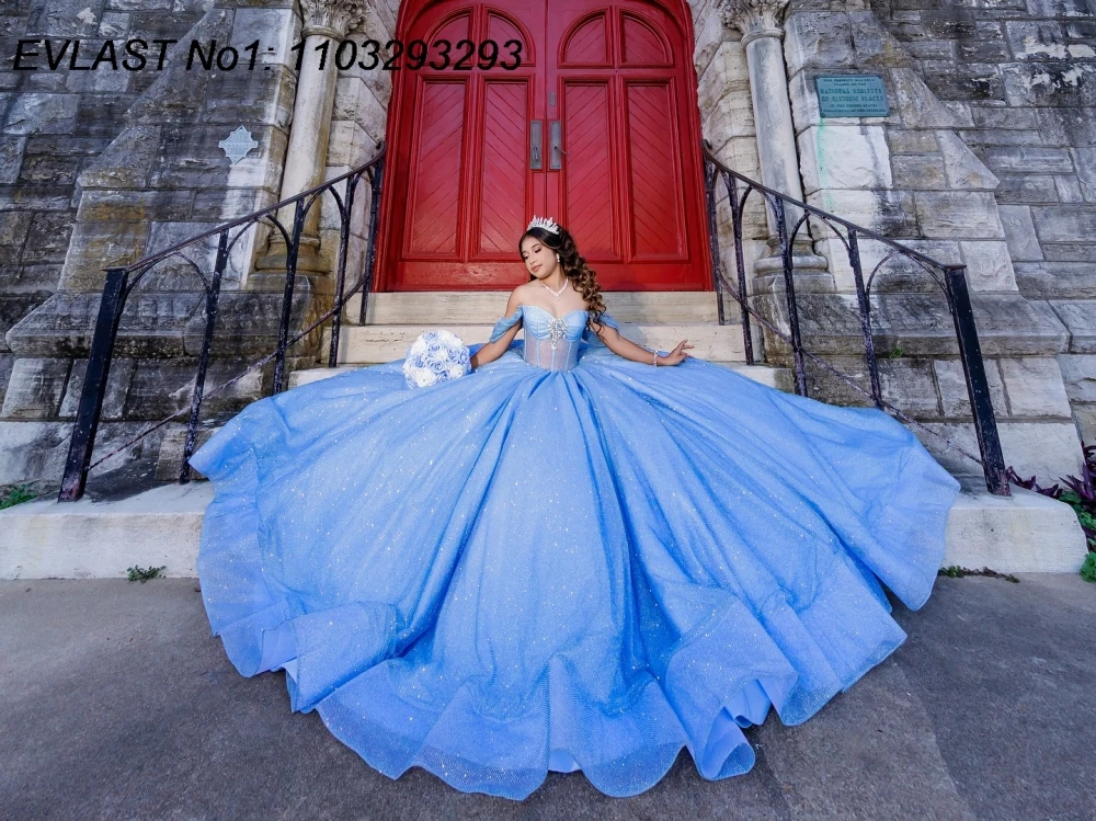 EVLAST Maßgeschneidertes glänzendes himmelblaues Ballkleid-Quinceanera-Kleid mit glitzernden Applikationen und Perlen, Kristall, Sweet 16, Vestidos de 15 Anos E1Q916
