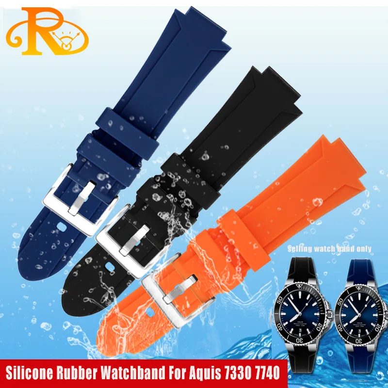 Silicone Rubber Watchband For Oris Aquis 7330 7740 Striped Watch Band Convex Strap Wristband Black Blue 24x11mm 24x12mm