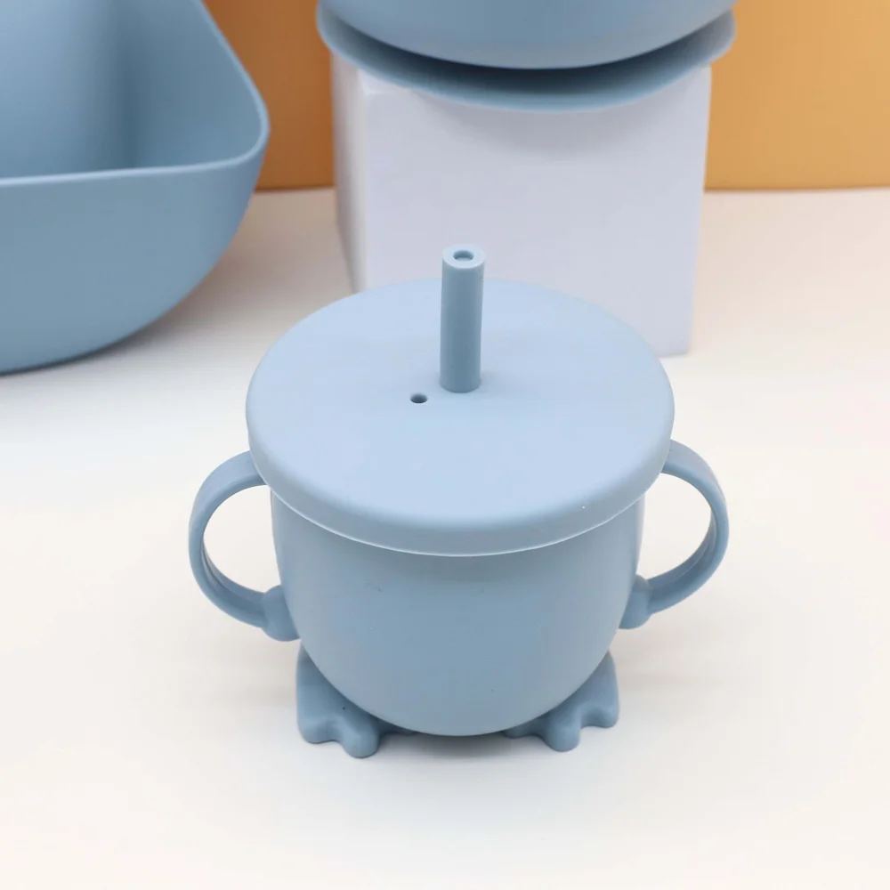 Laris set peralatan makan makanan bayi, bib mangkuk makan cangkir air pegangan kayu sendok garpu enam potong