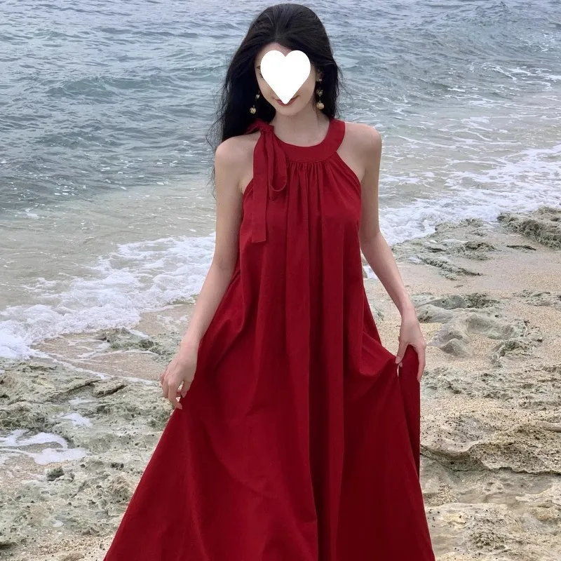 夏休みスタイル レッド オフショルダー ノースリーブ レディース ワンピース ビーチ雰囲気 ロングスカート ストリートスタイル Aラインシルエット