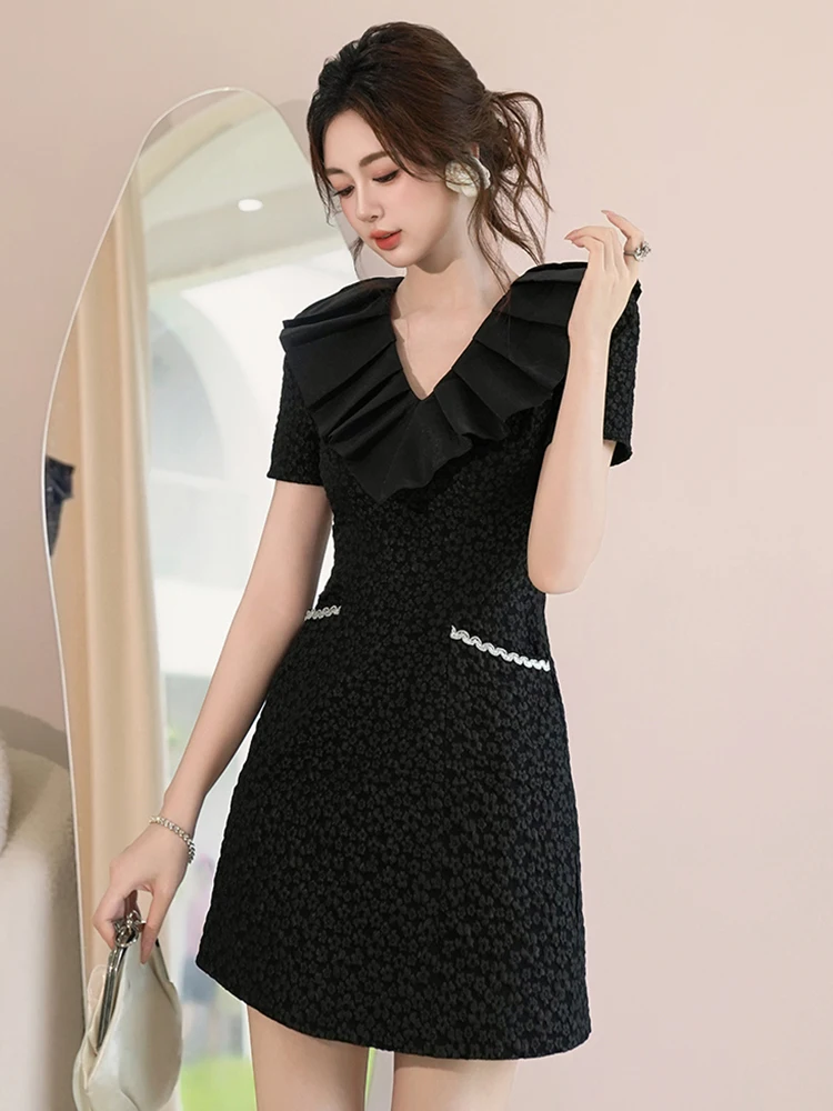 Frauen Kleidung Retro Jacquard Schwarz Rüschen V-ausschnitt Schlank A-Line Kurzes Kleid Elegante Dame Party Prom Vestido Casual Süße Sommer Neue