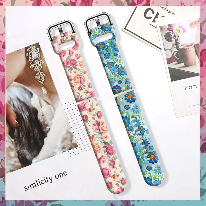 20mm Flowers Printed Strap for Samsung Galaxy Watch 6/5/4 40mm 44mm Sport Band Replaceable Bracelet 22mm for Amazfit Balance