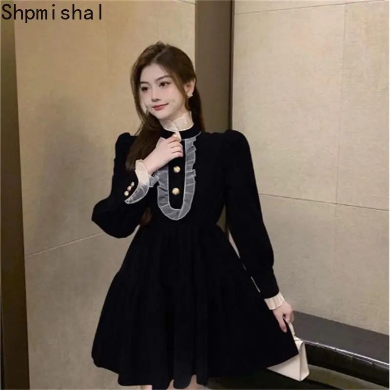 

Shpmishal New Autumn and Winter Collection Waist Sweet Patchwork Dress 2023 Red Fashionable Slim Fit and High-end Short Dress