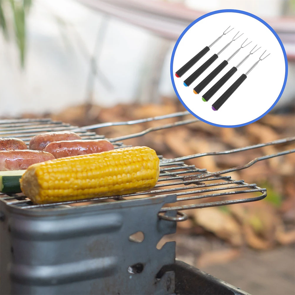 

5 pcs Stainless Steel Bbq Skewers Rotating Roasting Forks Durable Extendable Grill Tools Camping Meat Sausage Marshmallow