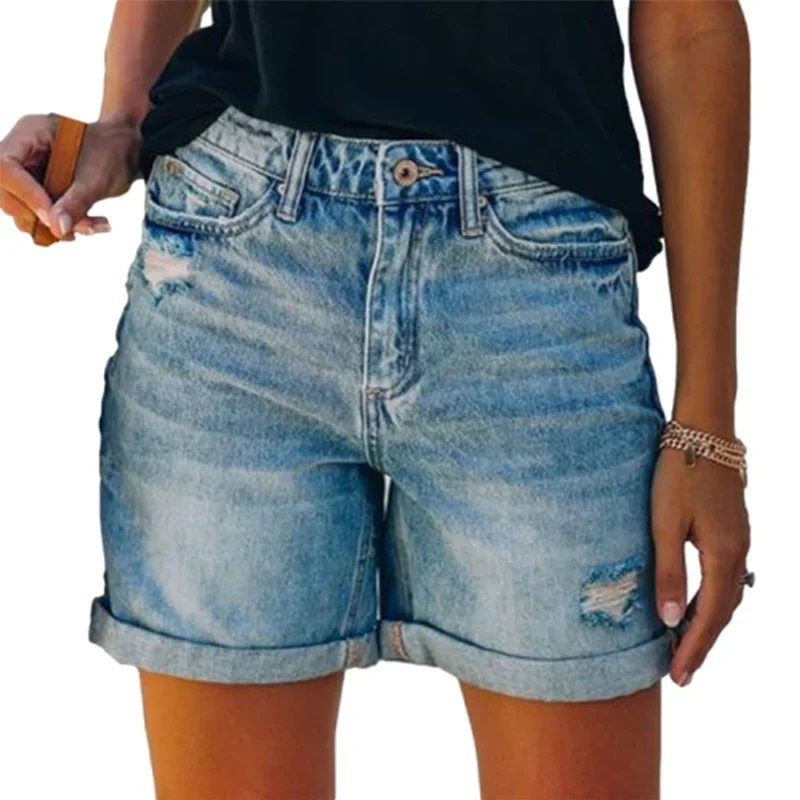 Vintage Broken Holes American-style Denim Shorts Women Casual High Waist Straight Three Quarter Pants Female Summer Breechcloth