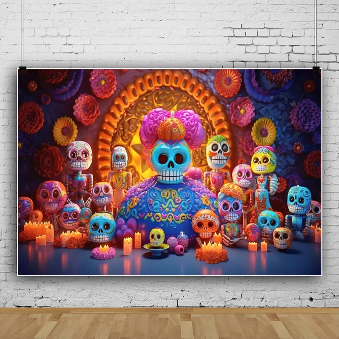 Laeacco Day of The Dead Backdrop Sugar Skull Dia De Los Muertos Mexican Fieasta Dress up Festival Party Photography Background