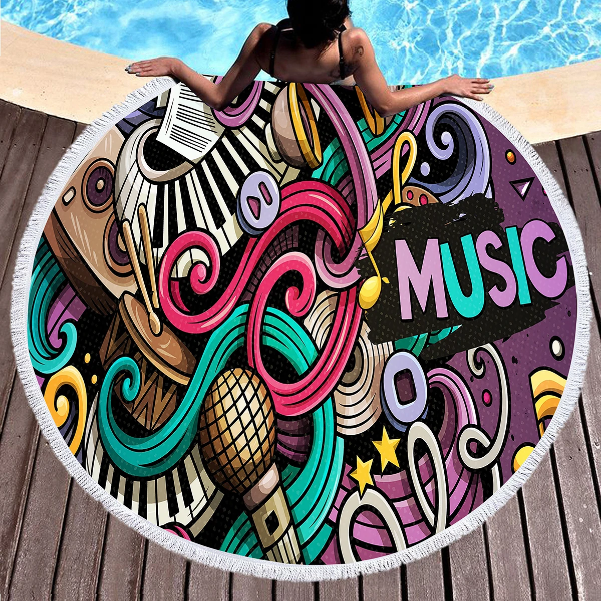 منشفة شاطئ مستديرة من ميوزيك نوت، بطانية شاطئ ناعمة تحت عنوان الموسيقى من الألياف الدقيقة، منشفة حمام سباحة ماصة سريعة الجفاف، سجادة نزهة محمولة #6