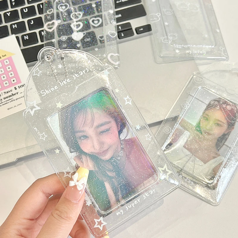New Transparent Glitter Cute 3 Inch Photocard Holder PVC Girl Heart Card Holder Storage Idol Card Display Protective Pendant